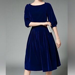 Feiinvan Vintage Style Round Neck Royal Blue Velvet Swing A-Line Dress Size M
